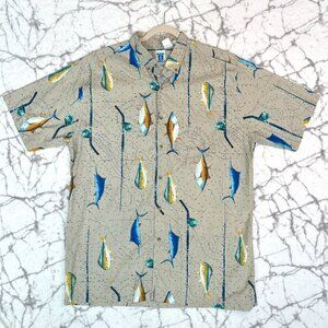 HOOK & TACKLE Fishing Shirt Men's XL Rods & Reels Tan Multi Vertical Gamefish